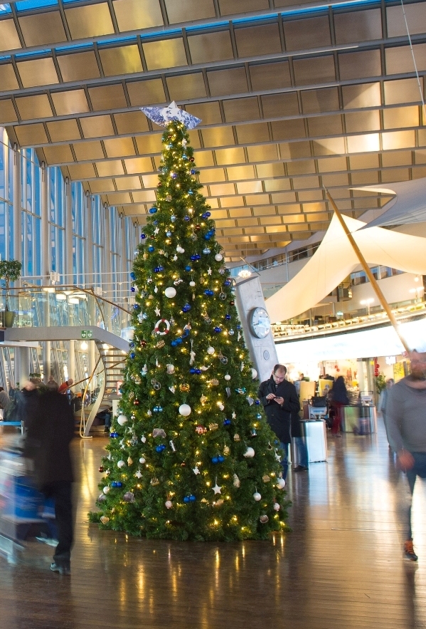 Stor plastgran med specialdekor och ledbelysning på Arlanda. Finns även för uthyrning.