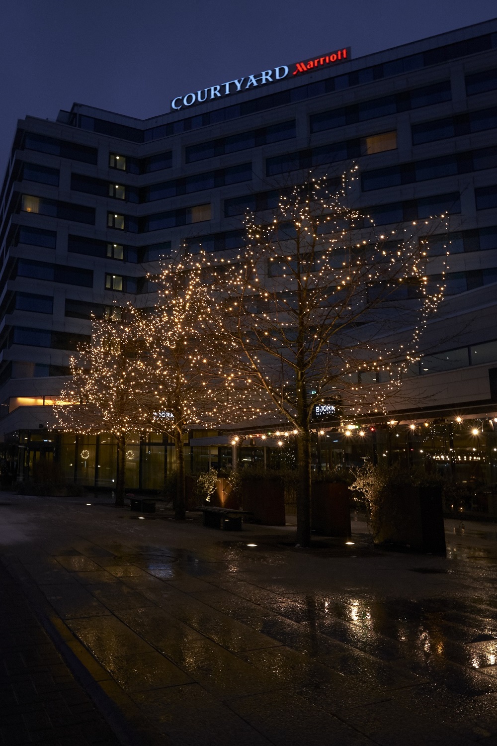 Ljusslingor med varmvita leds monterade på träd hos Marriot Courtyard Hotel.